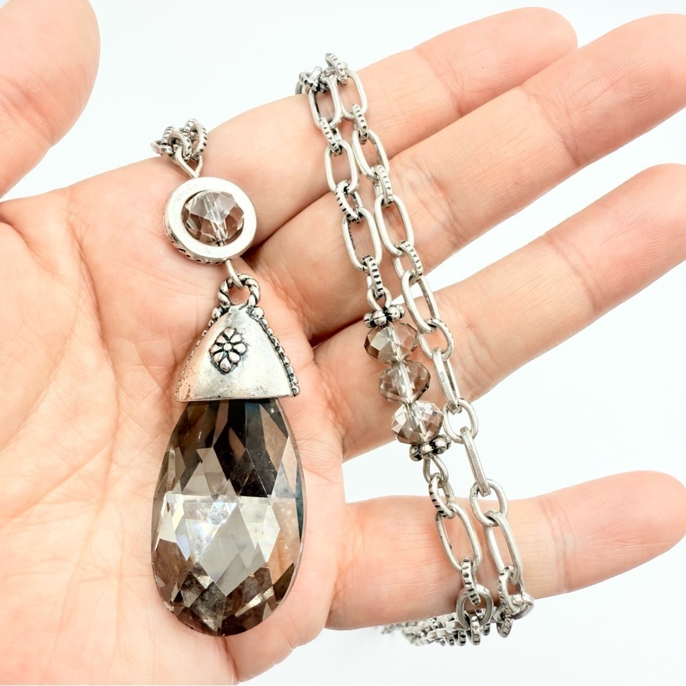 Chico’s Silver Tone Teardrop and Smoky Crystal Rhinestones Necklace